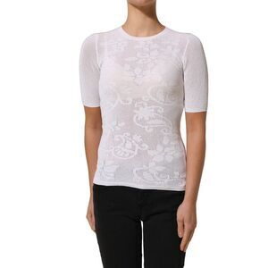 Alpha Studio White Floral Lace Knit Fabric Short Sleeves Blouse Women's Top